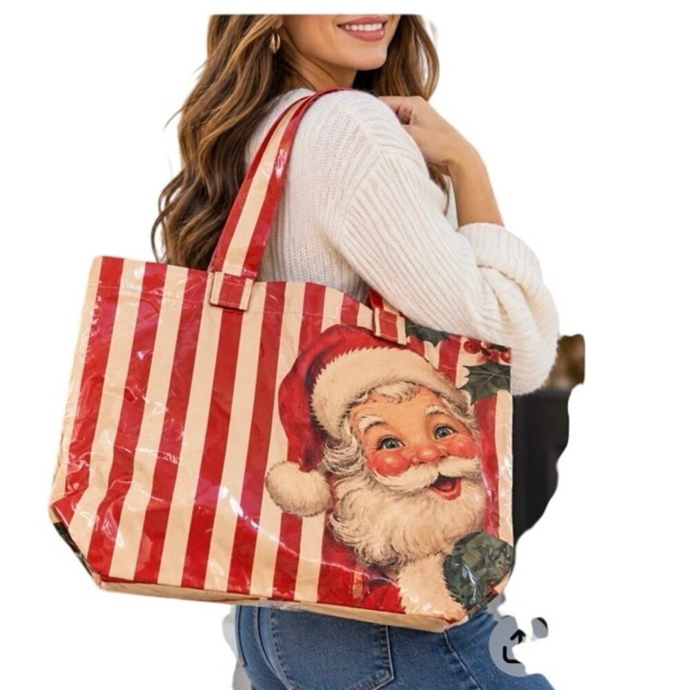 Vintage Style Santa Christmas Tote Bag Candy Cane Stripe Holiday Shopper Purse